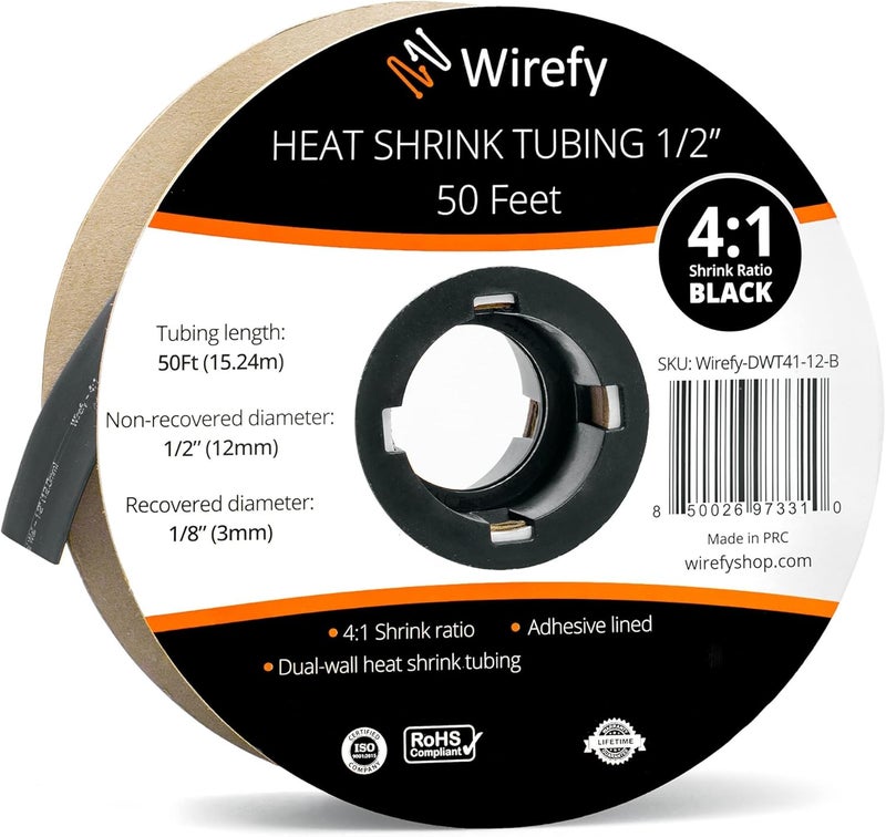 Wirefy 1/2" Heat Shrink Tubing - 4:1 Ratio - Adhesive Lined - Resistant Heat Shrink - 50 Feet Roll - Black - Image 1